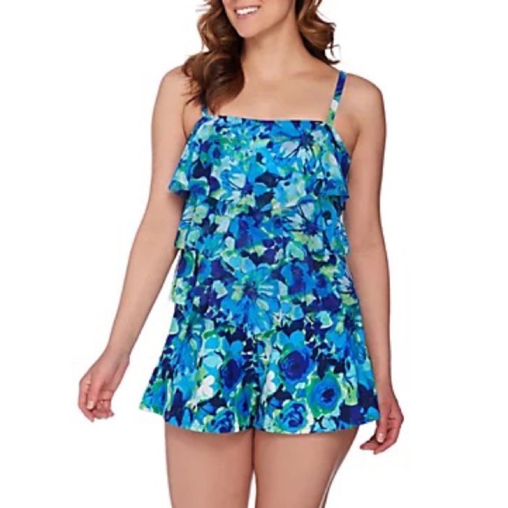 Fit4U | Tropical Floral Bandeau Tiered Mesh Romper Swimsuit